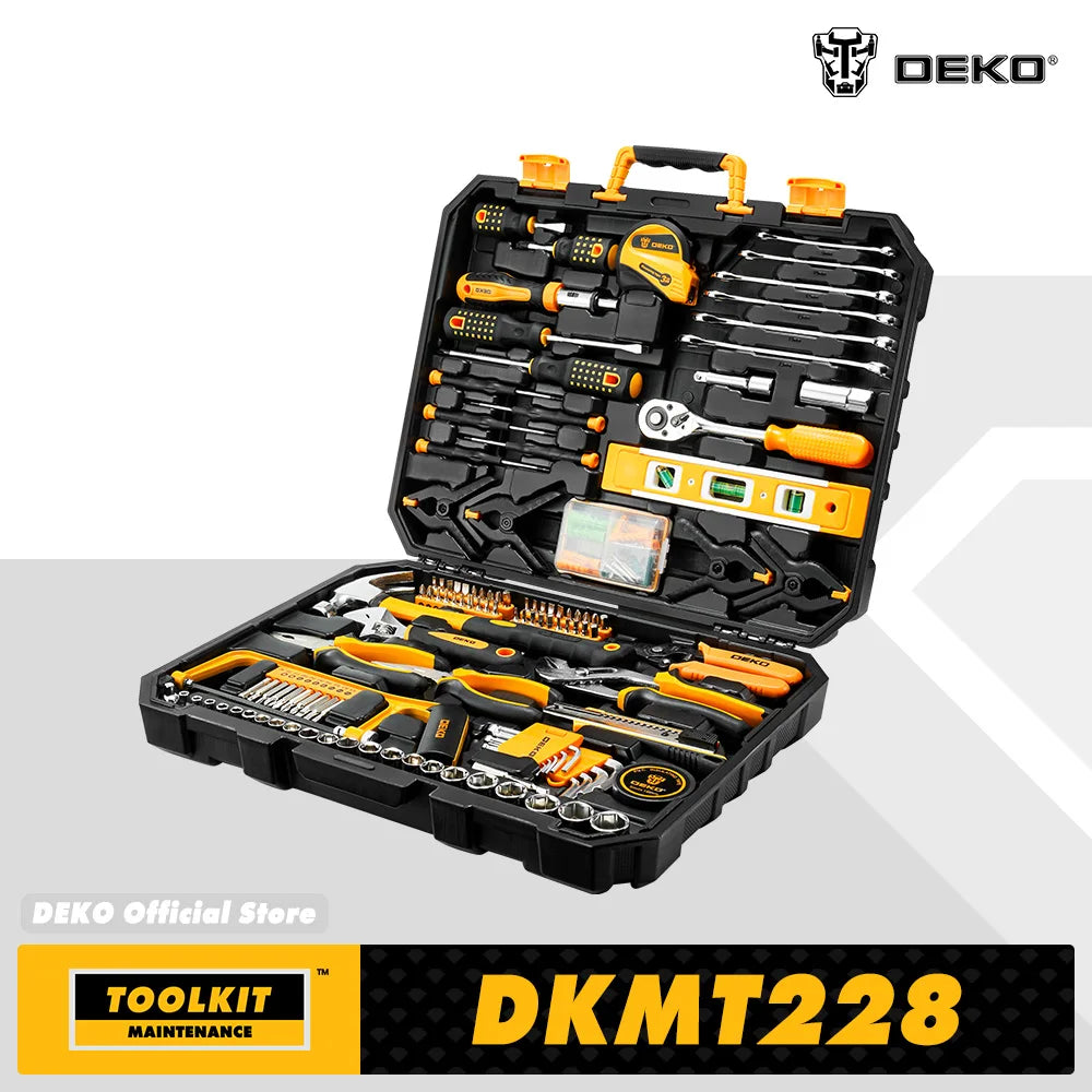 DEKO 228Pcs Socket Wrench Auto Repair Tool Combination Package. Plastic Toolbox Storage Case Included.