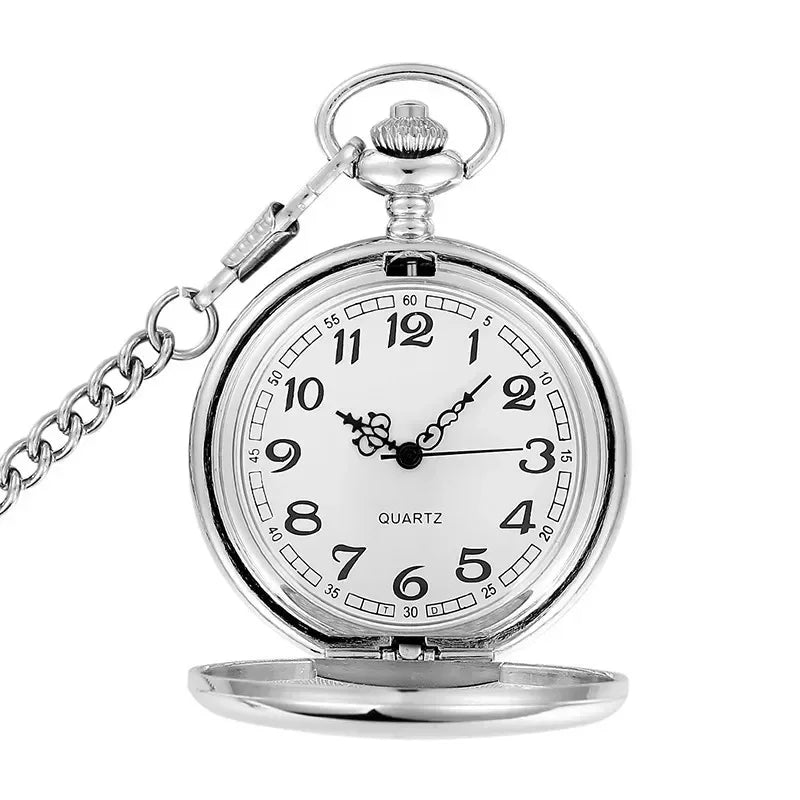 Silver Smooth Quartz Pocket Watch. Stainless Steel with Short Chain.
