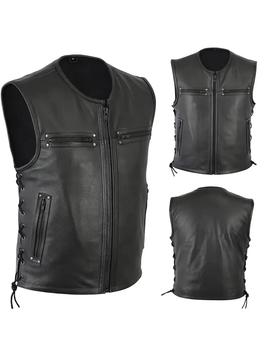 Stylish Men s Biker Vest, Genuine Leather With Multiple Pockets And Zipper Closure.