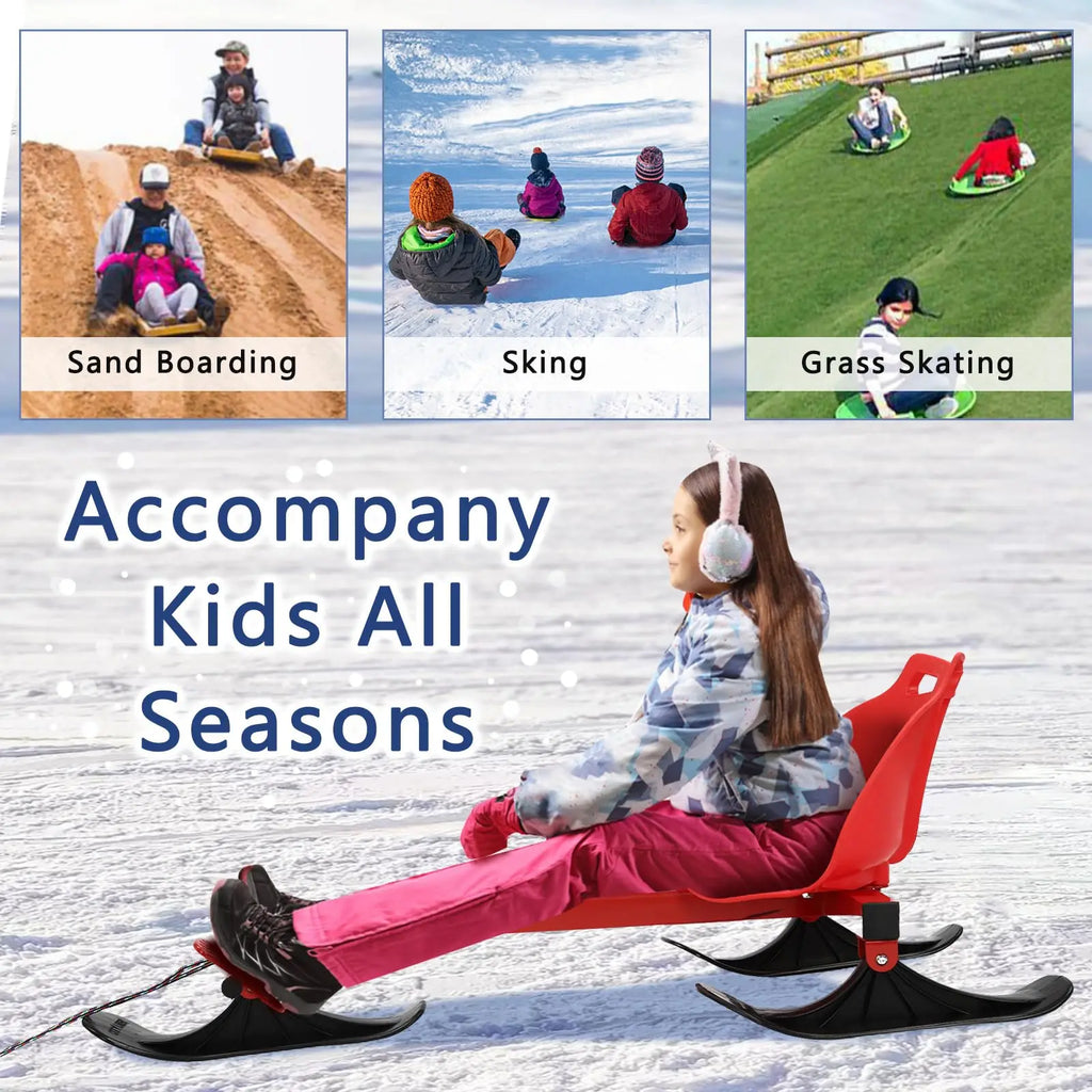 Snow Racer Sled, Ski Slider with Long Pull Rope, 2 Modes & Adjustable Length - Ages 3 and Up.