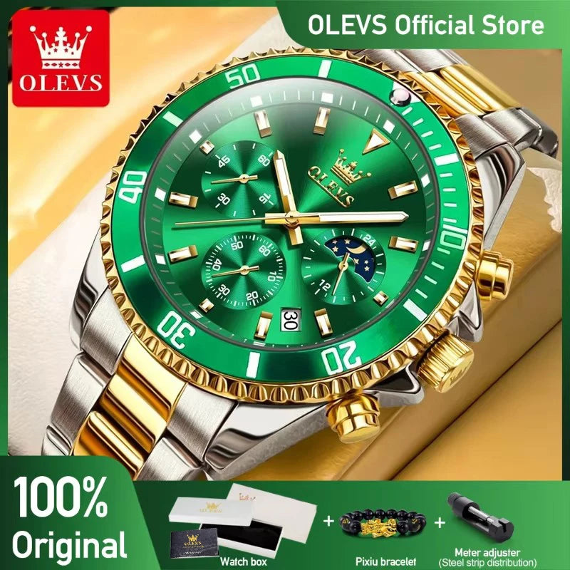 OLEVS Men's Top Brand Luxury Watch. Waterproof, Stainless Steel, Chronograph, Moon Phase, Date.