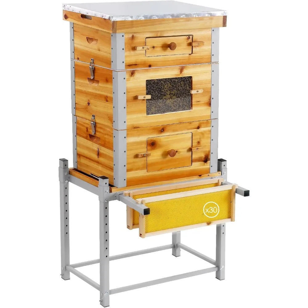 Bee Hive Starter Kit with Metal Stand.100% Beeswax Coated with 10 Medium and 20 Deep Frames & Foundations(3 Layer)