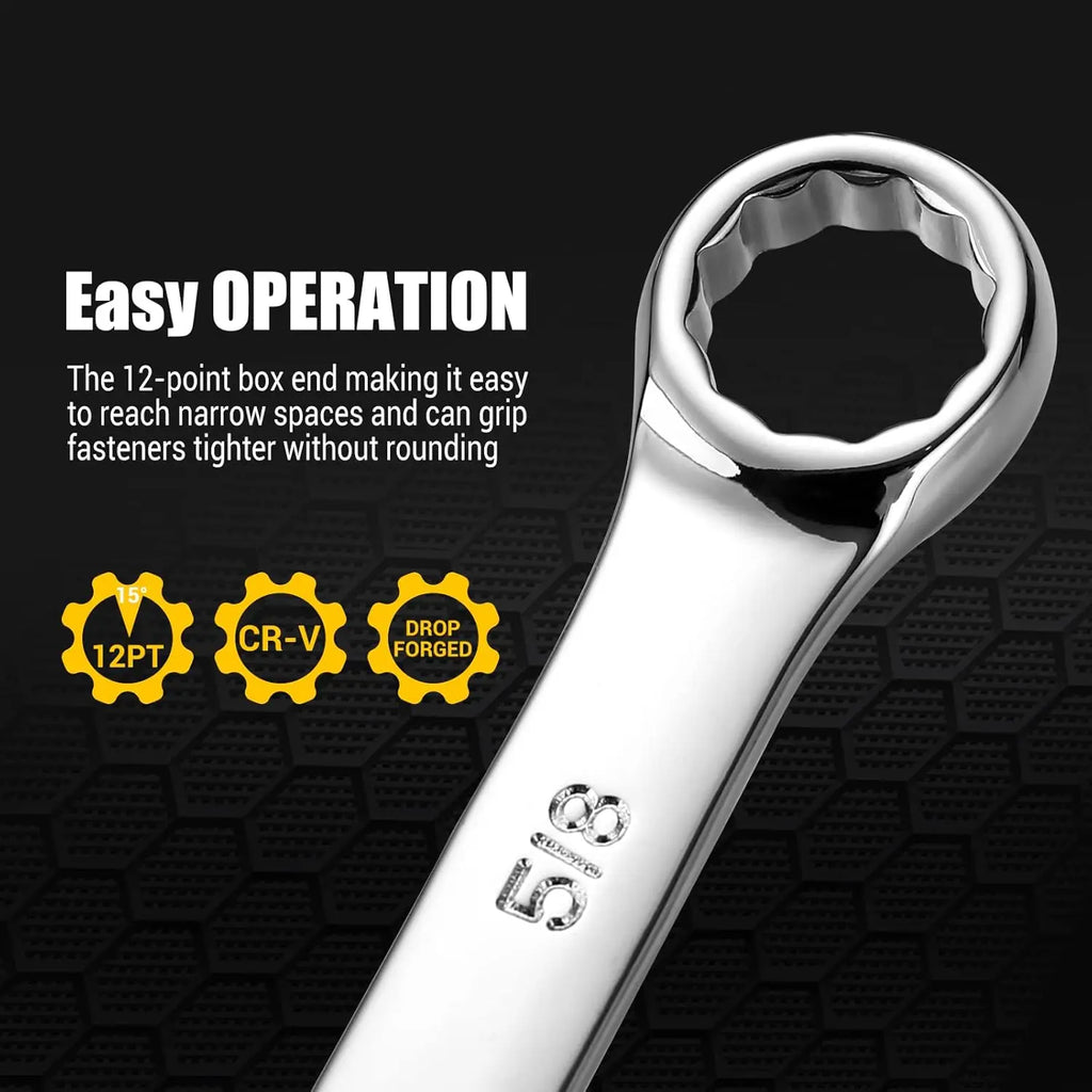 DEKOPRO Combination Wrench Set, SAE & Metric,  1/4'' to 1'' & 8-22mm, 12-Point, Chrome Vanadium Steel, with Plastic Tray.