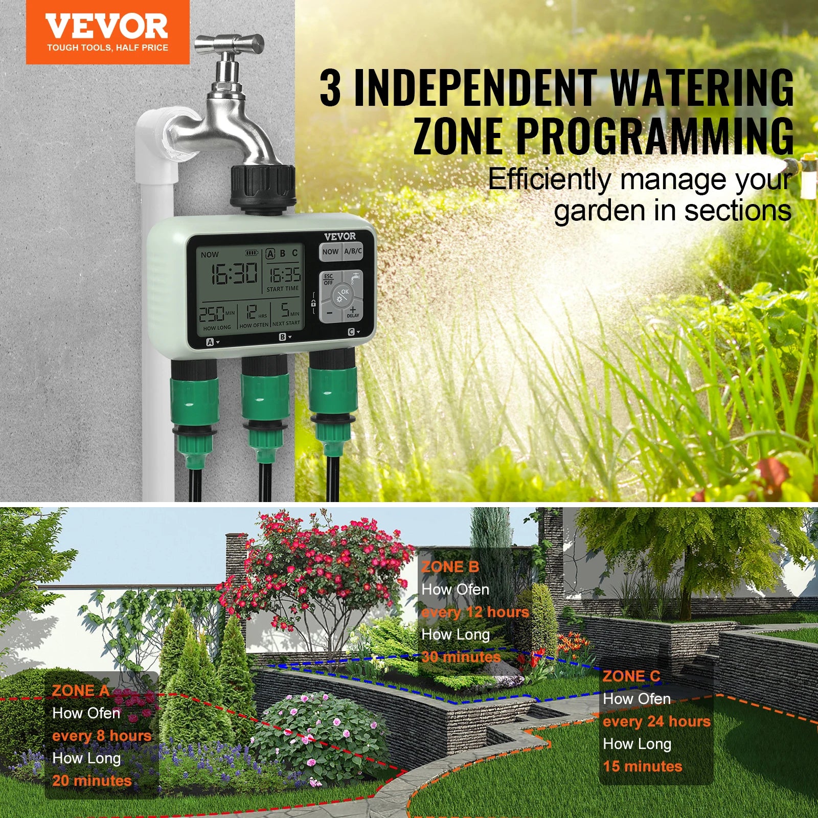 VEVOR Water Timer, 3 Hose Outlets, Independent Watering Zone, LCD Display, Rain Delay Mode, Manual Mode, Watering Sprinkler Timer.