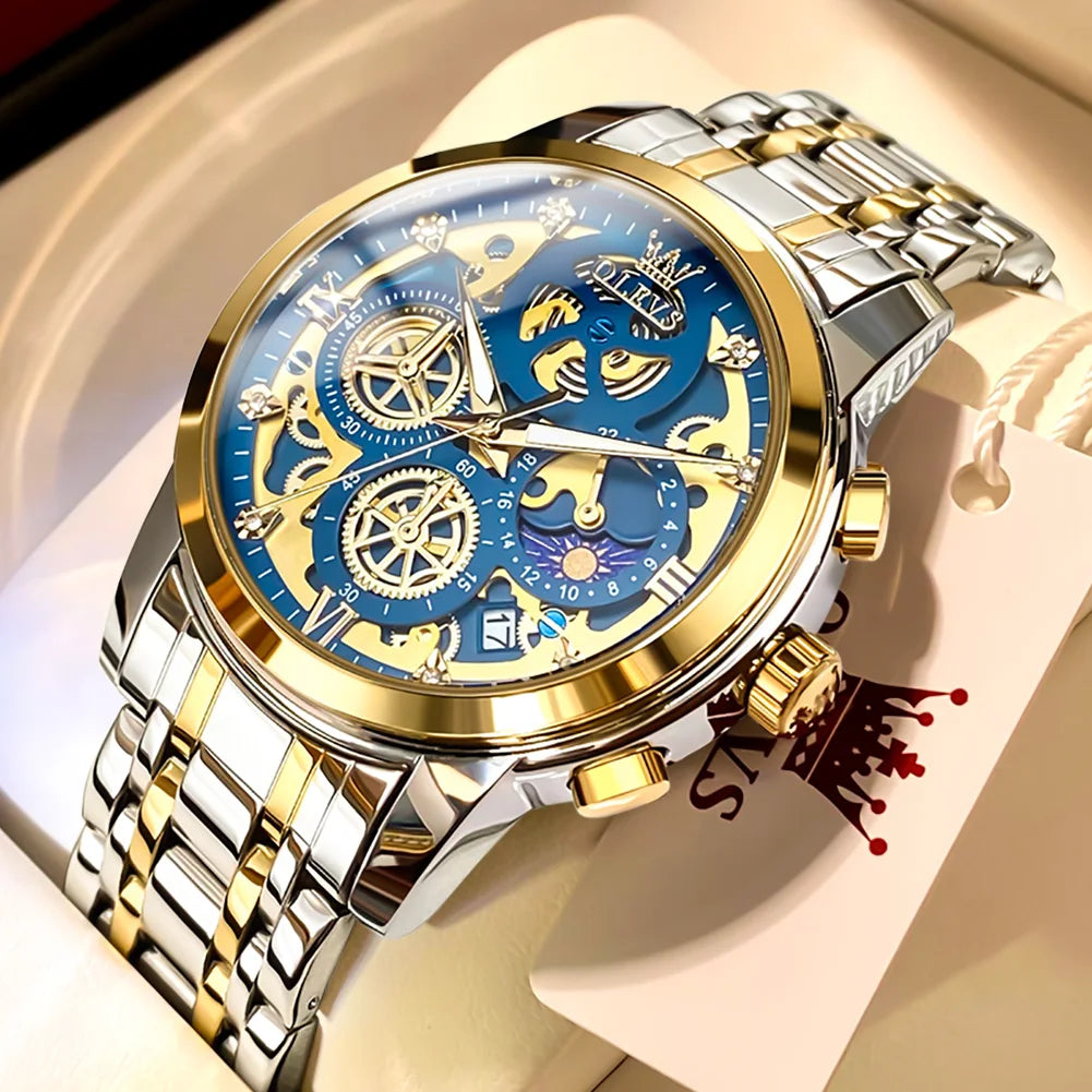 OLEVS Luxury, Waterproof, Gold Skeleton Style, 24 Hour, Wrist Watch.