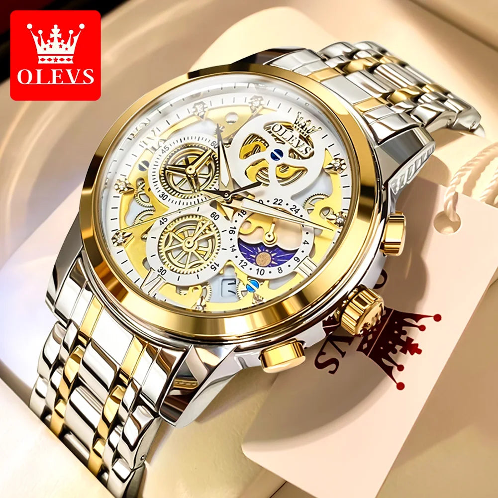 OLEVS Luxury, Waterproof, Gold Skeleton Style, 24 Hour, Wrist Watch.