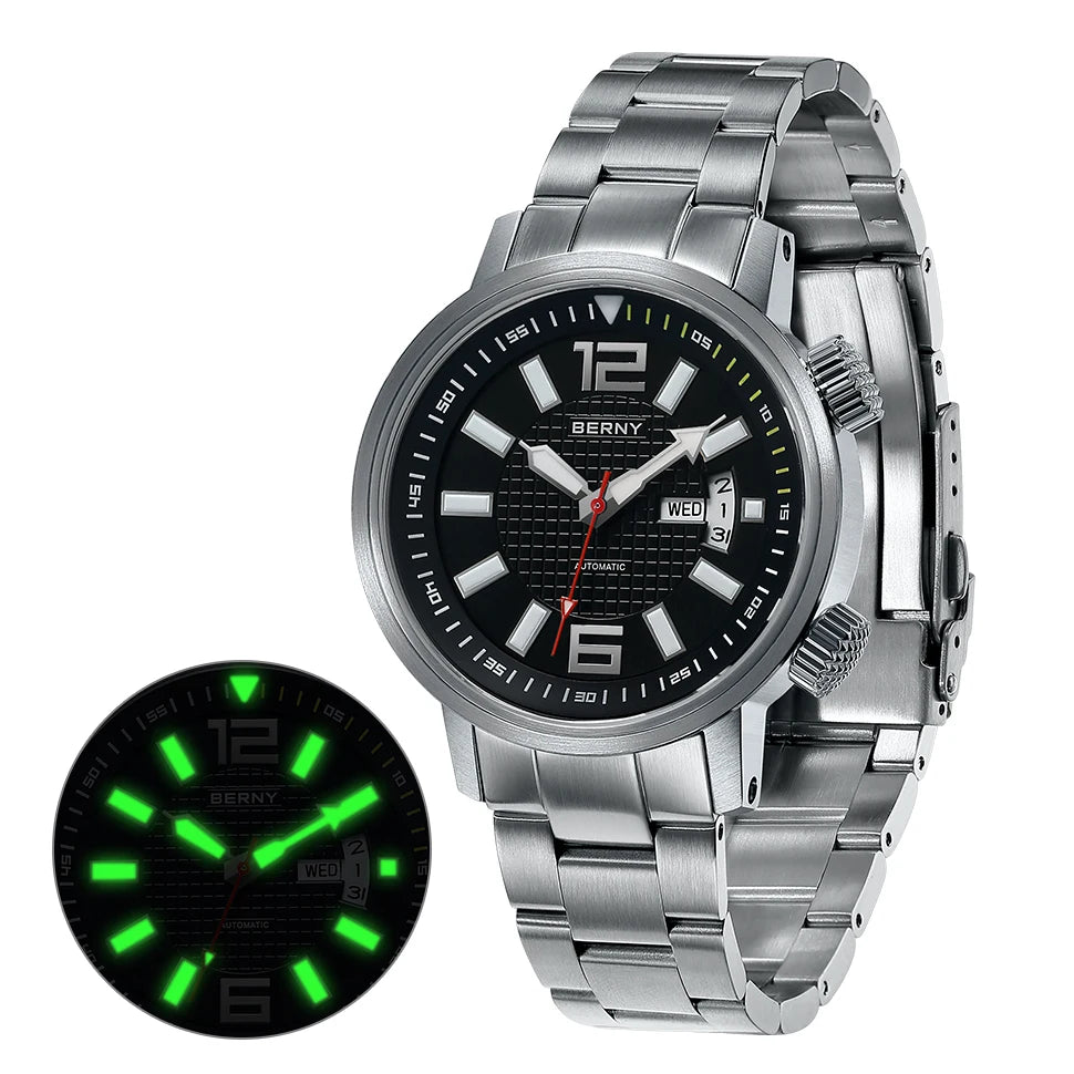 BERNY 20ATM Diver, Automatic Mechanical Watch. Luminous, Waterproof, Self Winding.