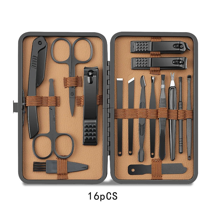 8/12/15/20/24pcs Black Nail Clipper Set. Pedicure, Knife, Stainless Steel, Nail Beauty Tool, Portable Travel Box.