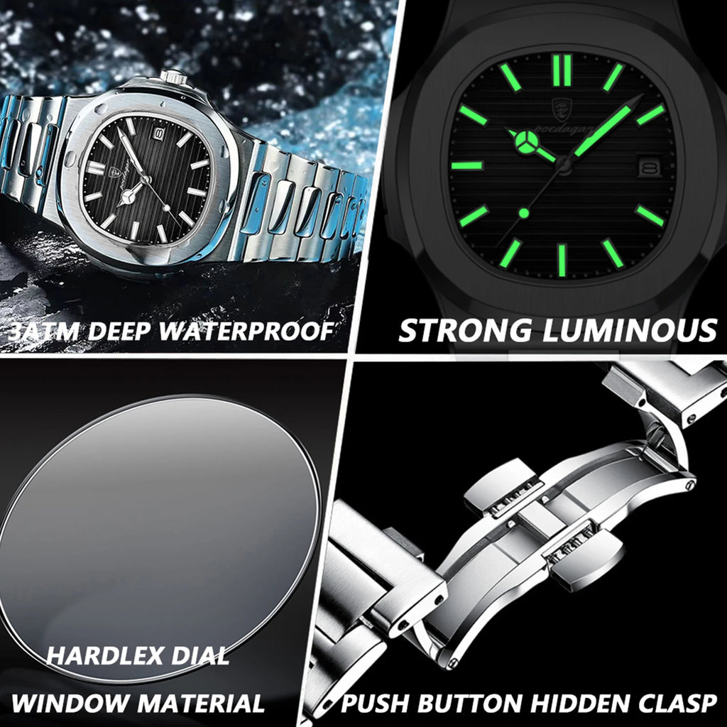 POEDAGAR Luxury Brand Men's Watch, Waterproof, Luminous Date, Square Dial Quartz.