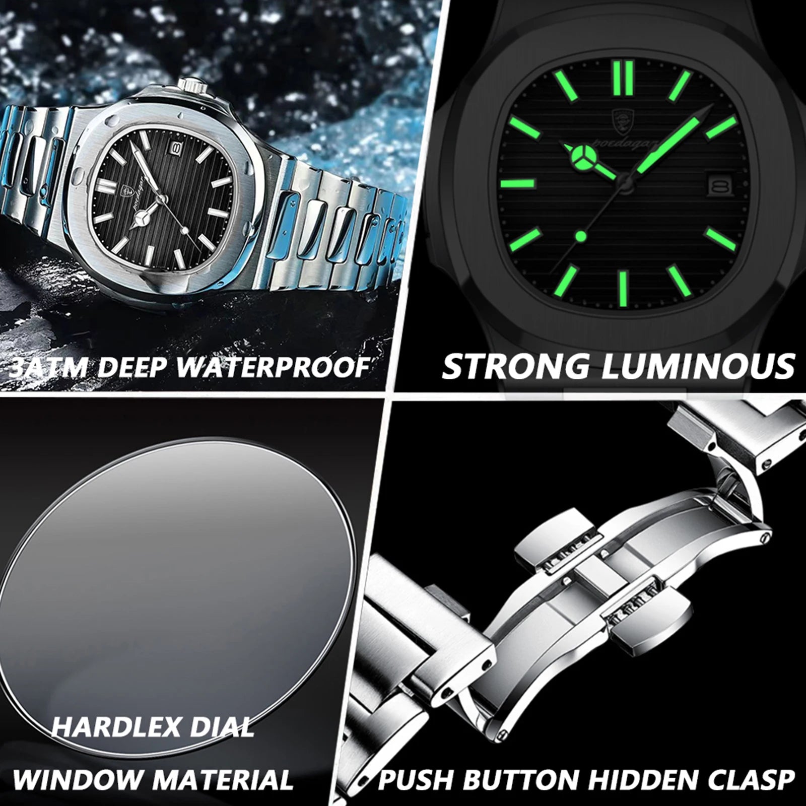 POEDAGAR Luxury Brand Men's Watch, Waterproof, Luminous Date, Square Dial Quartz.