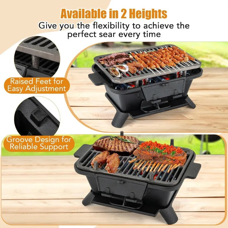 Portable Cast Iron Charcoal Hibachi Grill with Double-sided Grate
