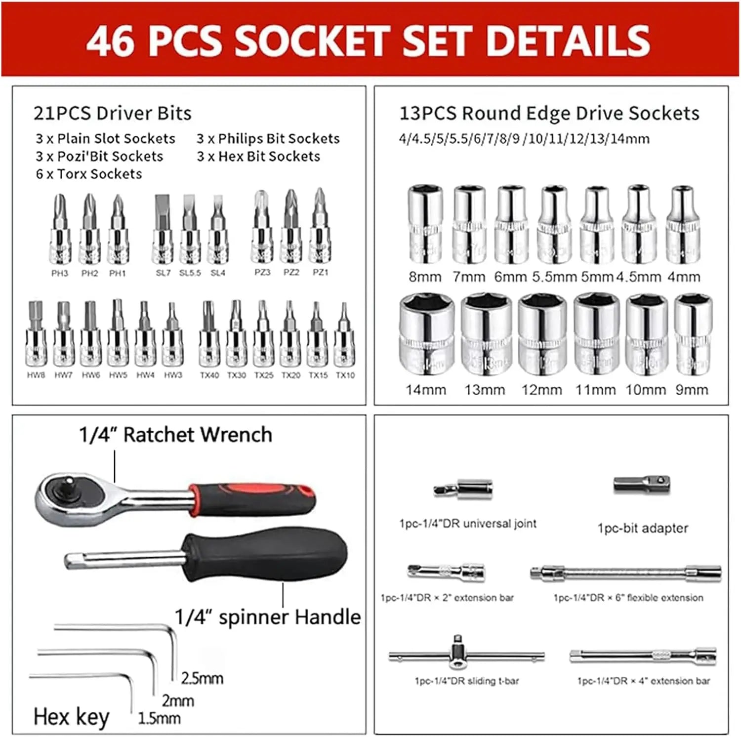 46PCS 1/4 inch Drive Socket Set,Metric, 4-14mm CR-V Sockets, Mechanic Tool Kits.