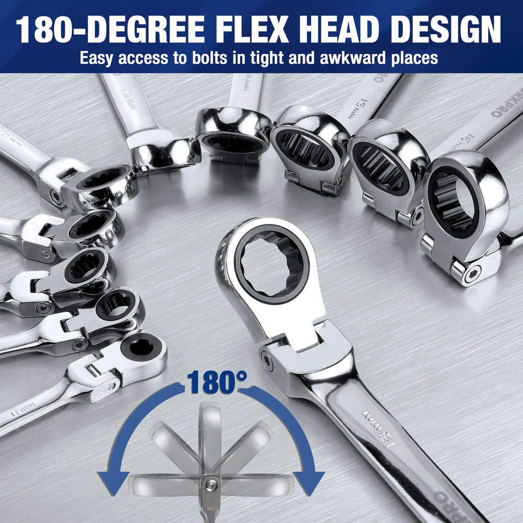 WORKPRO 22pcs Ratcheting Wrench Set. Flex-Head Ratchet Combination Wrench Sets with Organizer Box 72 Teeth.