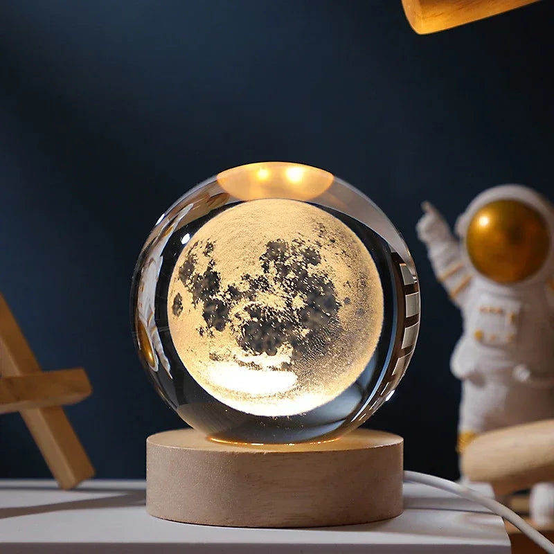 6/8cm 3D Crystal Ball Planet Night Light. Laser Engraved Solar System Globe. Home Desktop Decoration.