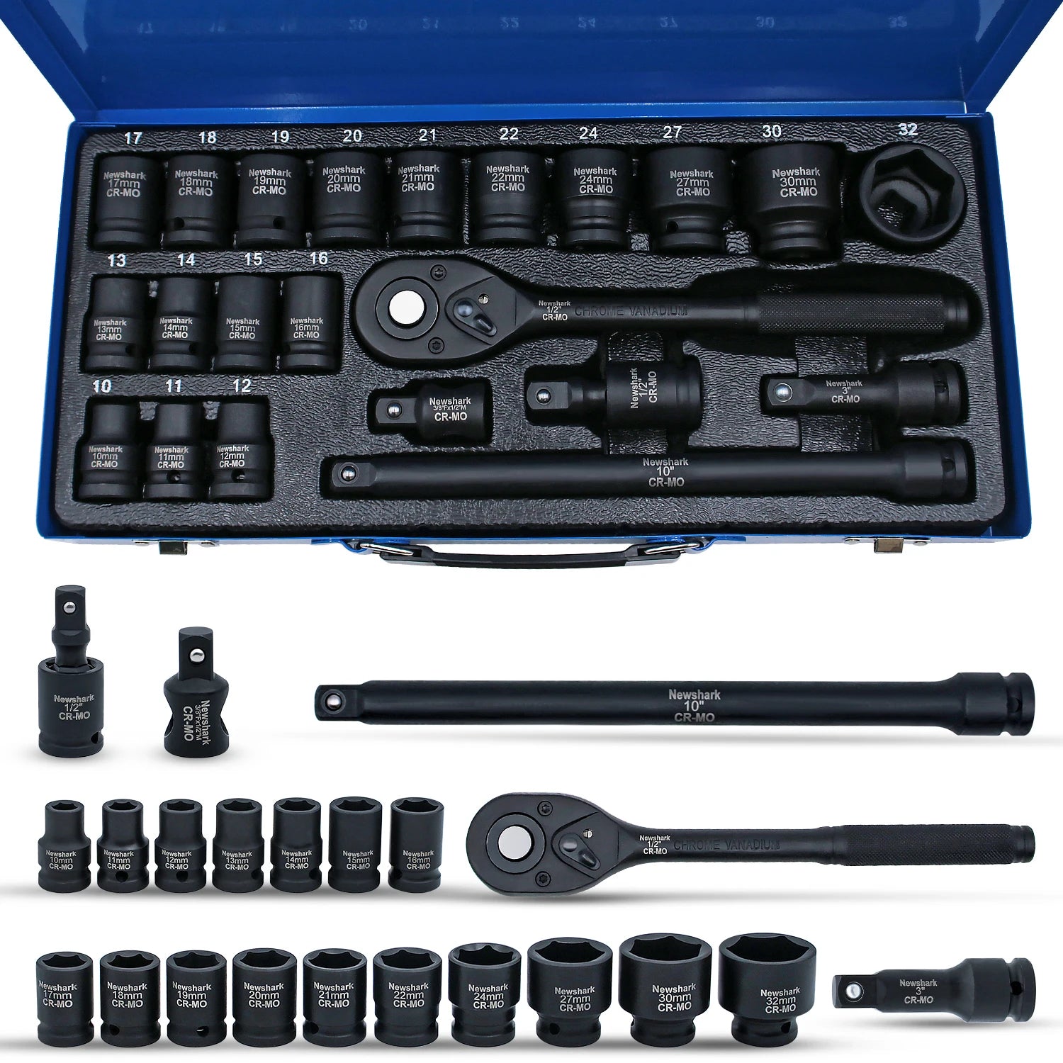 22PCS. Socket Wrench Set,1/2-Inch Impact Socket Set, 6 Point, Metric Size(10-32mm),Quick Release Ratchet.