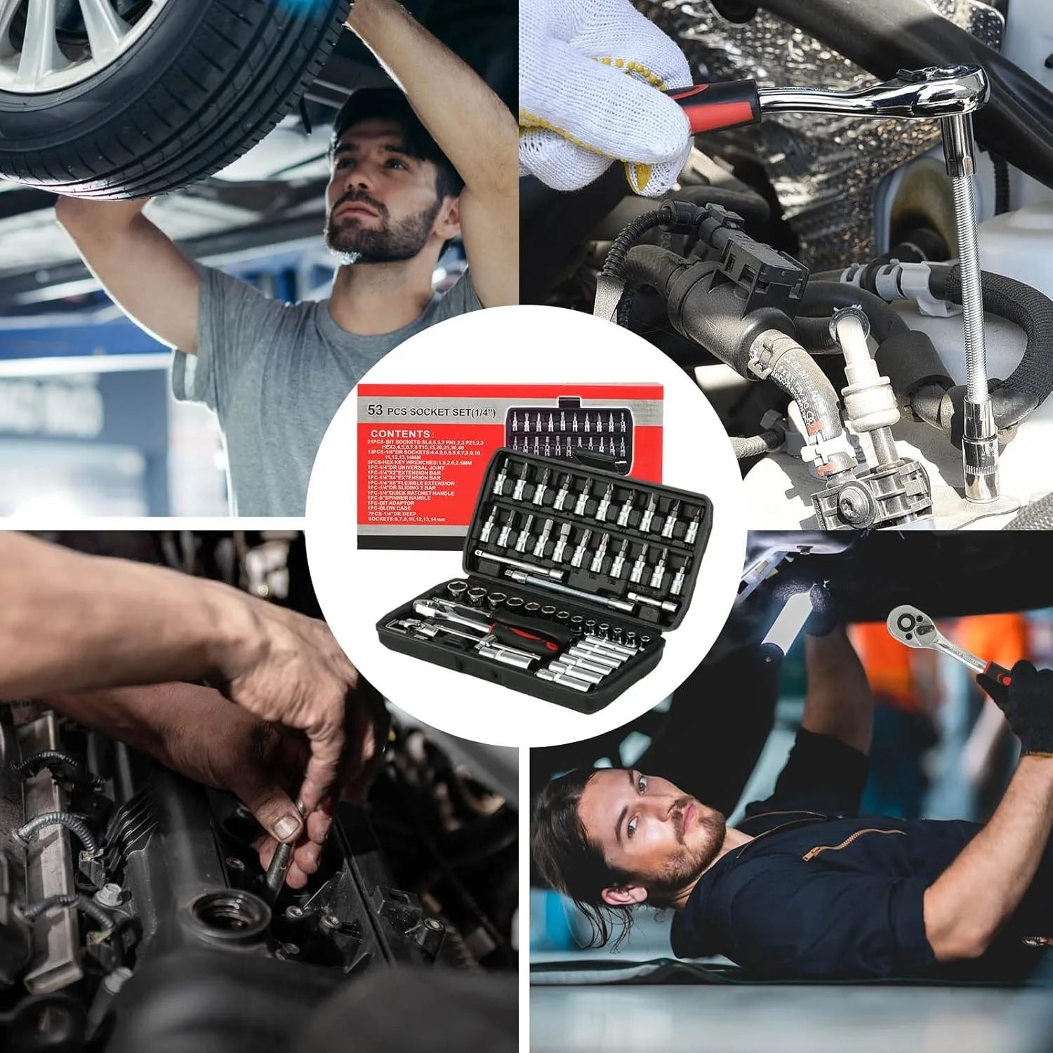 46PCS 1/4 inch Drive Socket Set,Metric, 4-14mm CR-V Sockets, Mechanic Tool Kits.