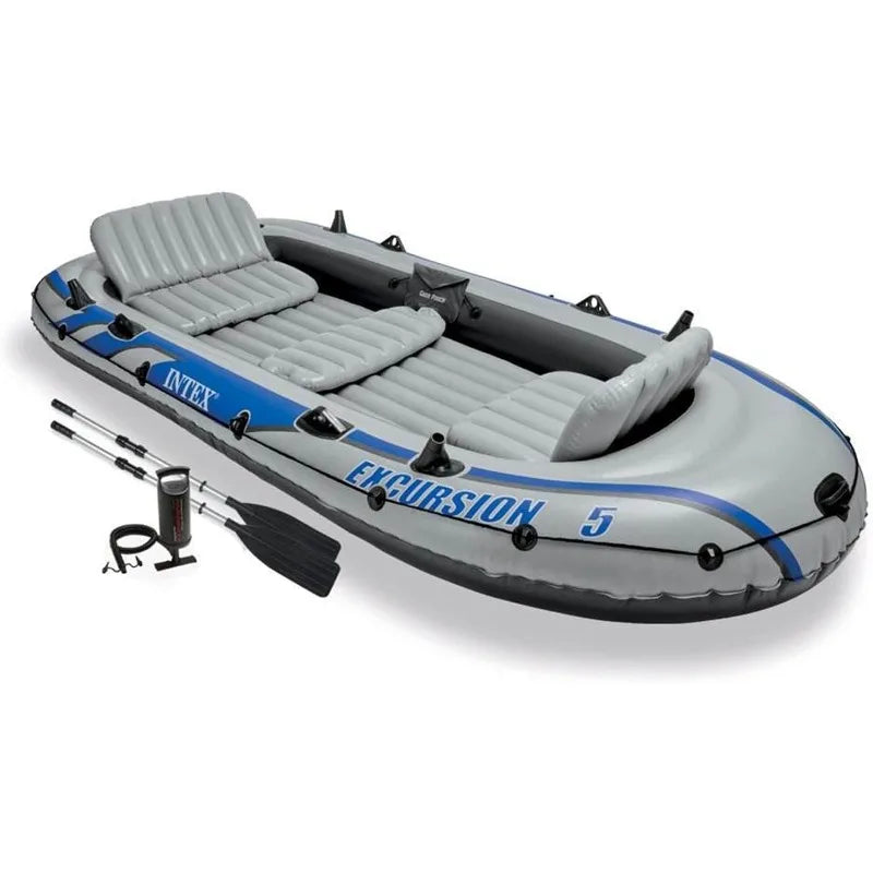 5 Person Inflatable Boat . 2 Aluminum Oars, Air Pump, Motor Mount Kit.