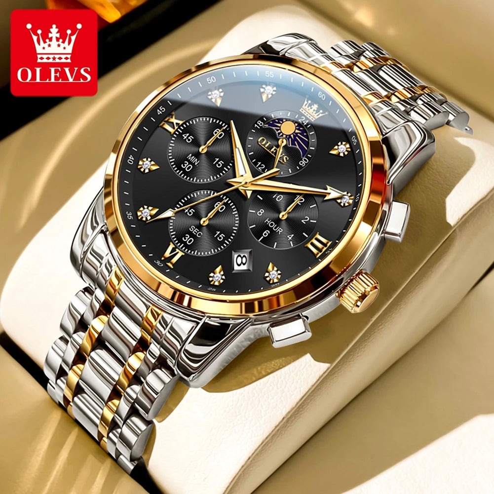 OLEVS Luxury Men's Watches. Moon Phase, Chronograph, Quartz, Gold Stainless Steel, Luminous.