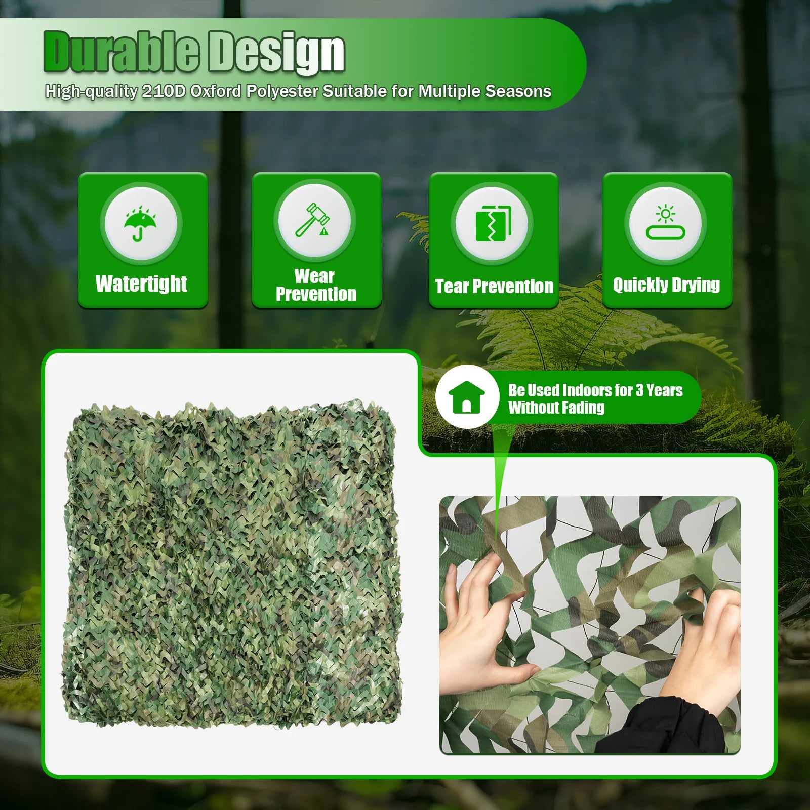 210D Oxford Polyester Nylon Camouflage Net. 8x8m For Camping, Hunting.