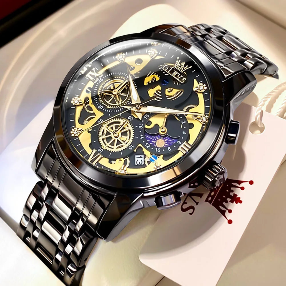 OLEVS Luxury, Waterproof, Gold Skeleton Style, 24 Hour, Wrist Watch.