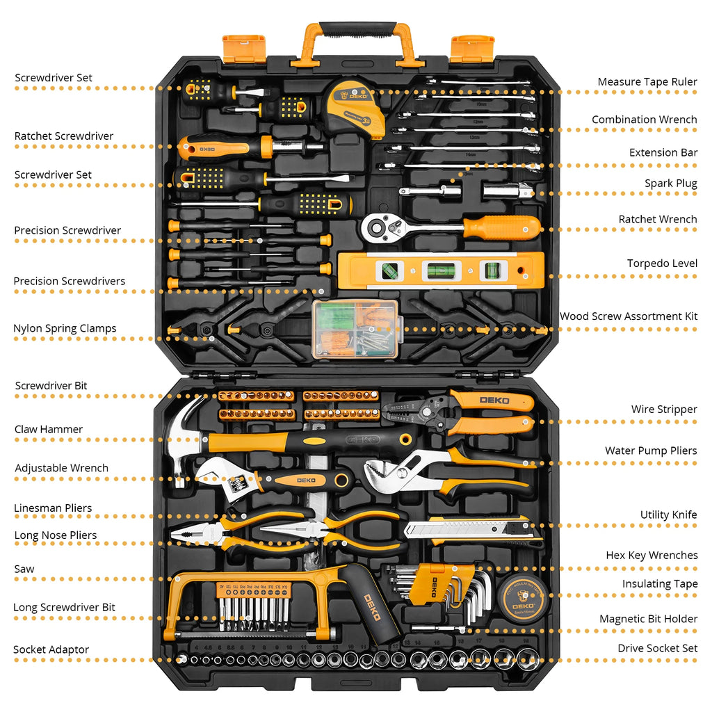 DEKO 228Pcs Socket Wrench Auto Repair Tool Combination Package. Plastic Toolbox Storage Case Included.