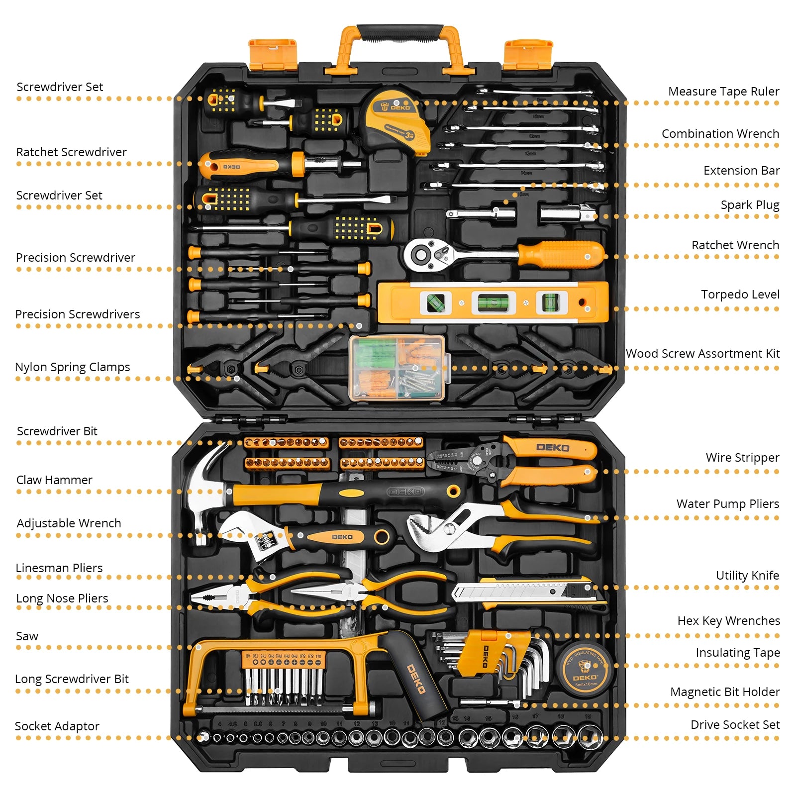 DEKO 228Pcs Socket Wrench Auto Repair Tool Combination Package. Plastic Toolbox Storage Case Included.