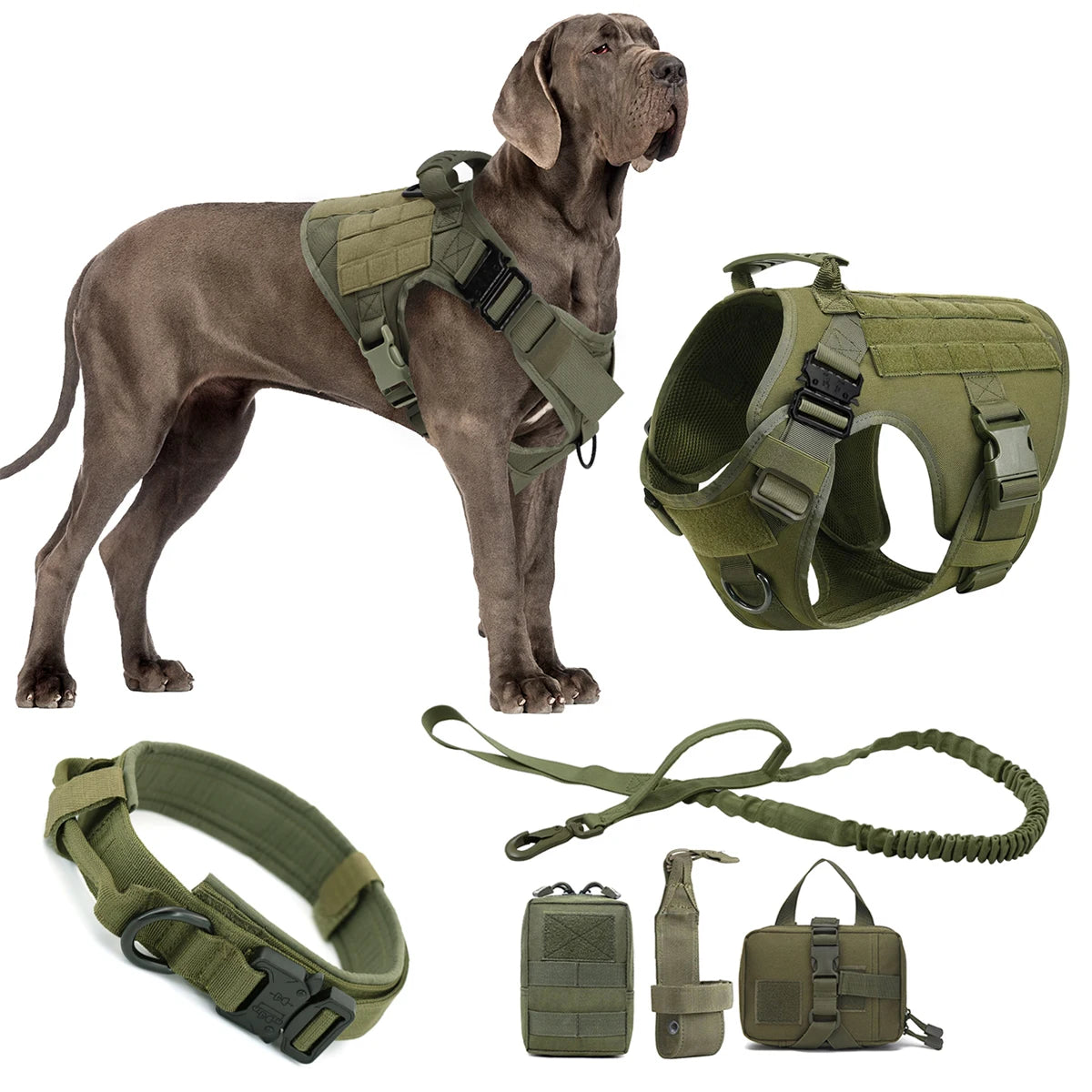 Tactical Dog Harness, Leash And Collar. Molle Pouches for Medium - Large Dogs. Adjustable Service Dog Harness.