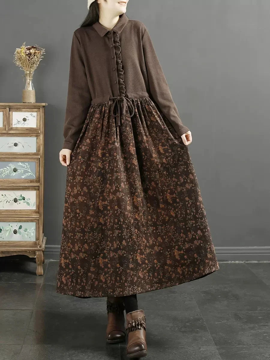 Retro Floral Patchwork Turn-down Collar Long Dr Women's Autumn New Sle Wooden  Sensation Belted A-line Skirt Dr