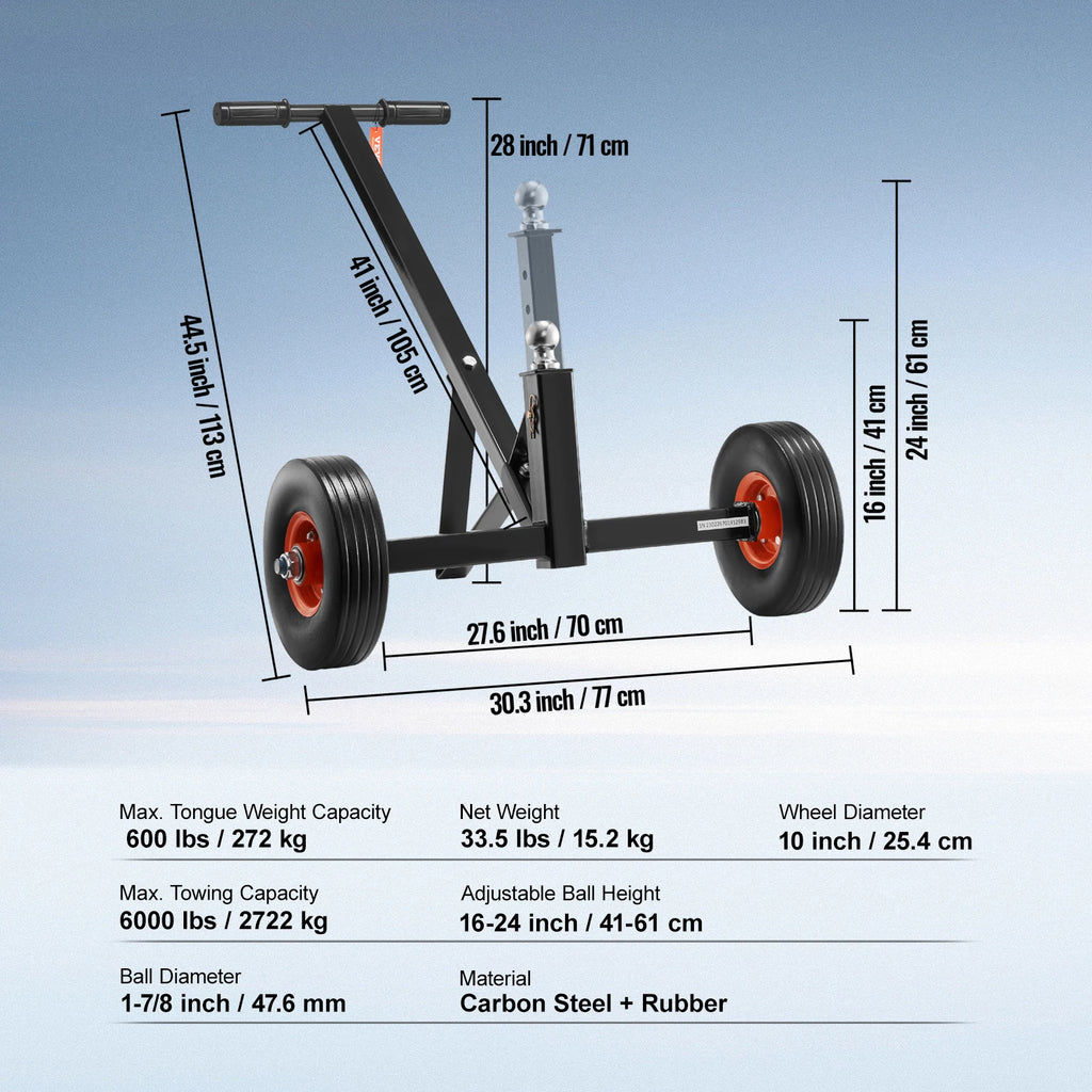 VEVOR Adjustable Trailer Dolly. 600/1500lbs Tongue Weight Capacity. Carbon Steel Trailer Mover.