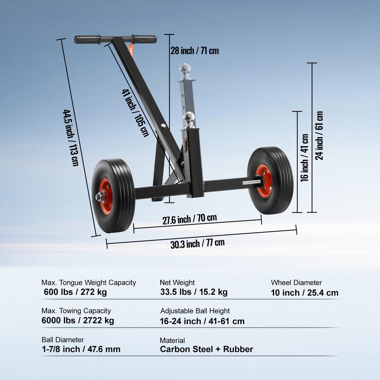 VEVOR Adjustable Trailer Dolly. 600/1500lbs Tongue Weight Capacity. Carbon Steel Trailer Mover.