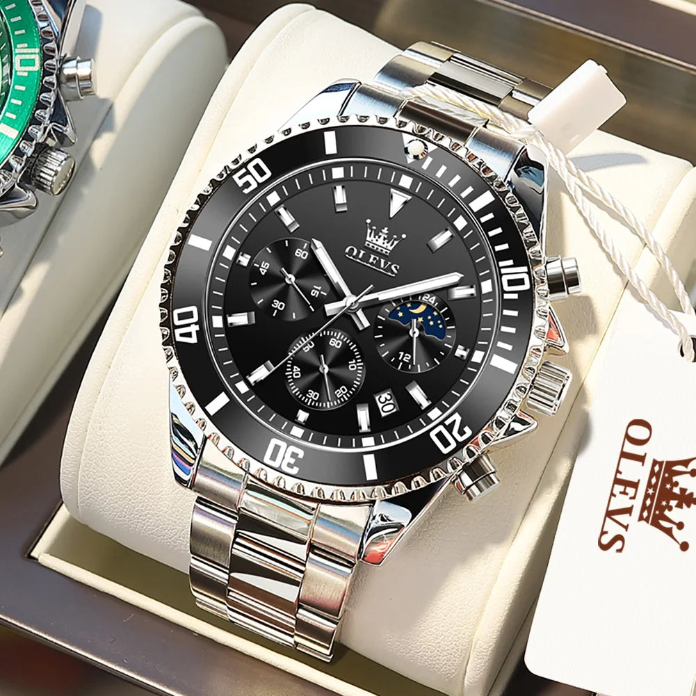 OLEVS Men's Top Brand Luxury Watch. Waterproof, Stainless Steel, Chronograph, Moon Phase, Date.