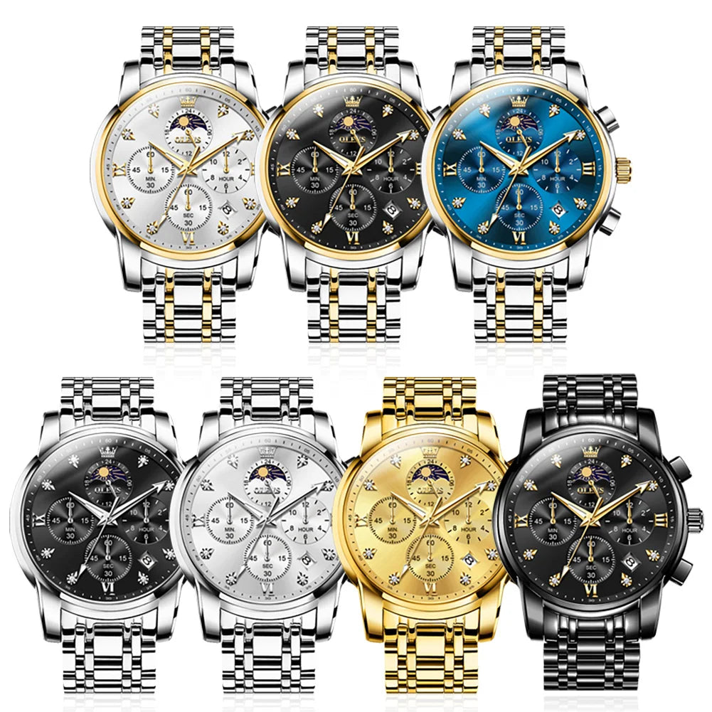 OLEVS Luxury Men's Watches. Moon Phase, Chronograph, Quartz, Gold Stainless Steel, Luminous.