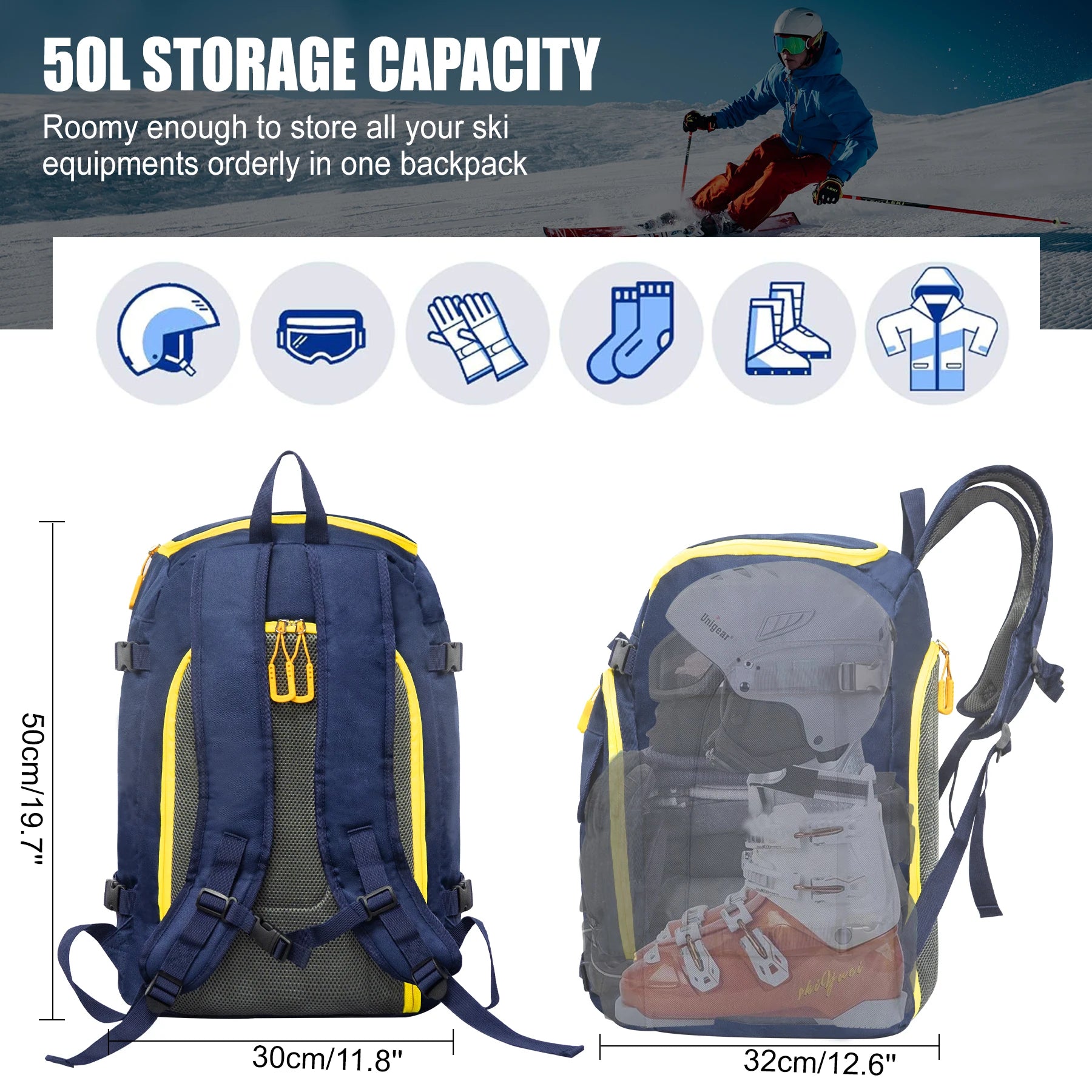 WESTTUNE 50L Ski Boot Bag. Large Capacity Travel Backpack.