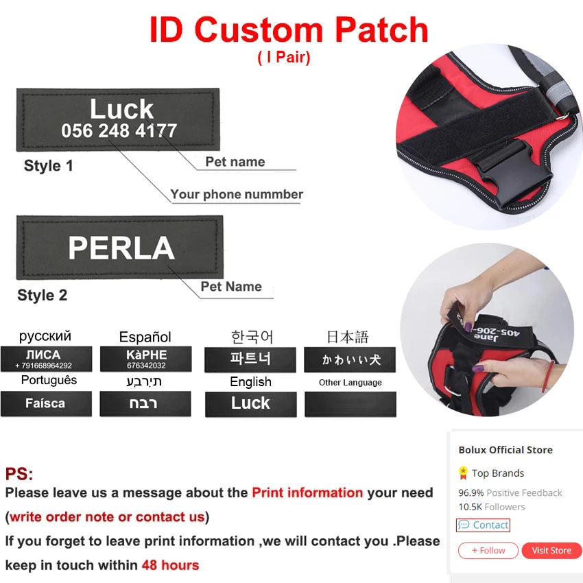 Personalized, NO PULL, Reflective ,Breathable Vest For Small, Large Dogs. Training Accessories.