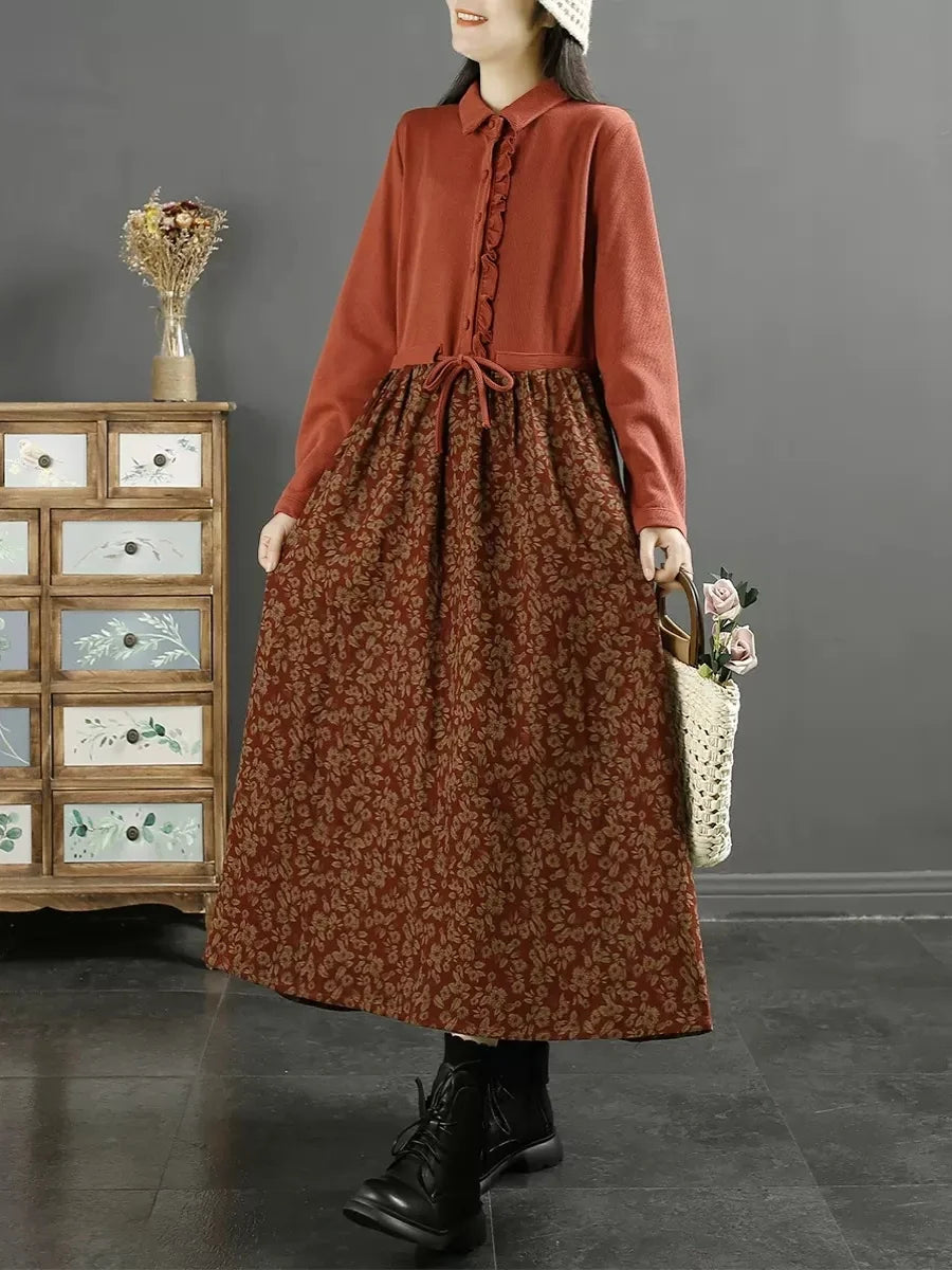 Retro Floral Patchwork Turn-down Collar Long Dr Women's Autumn New Sle Wooden  Sensation Belted A-line Skirt Dr