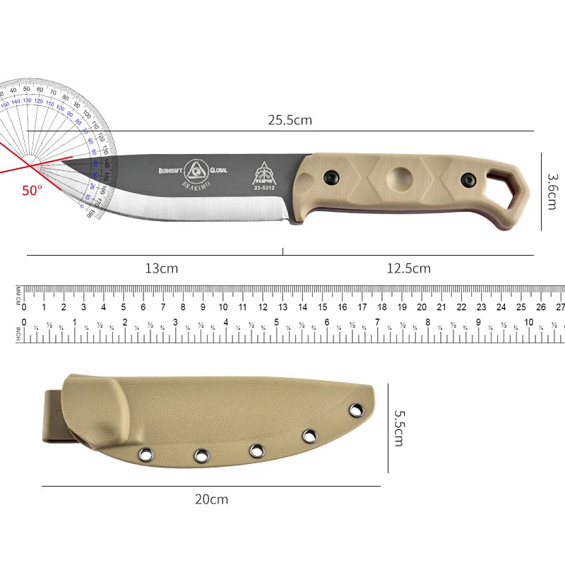 High Quality Steel Hunting Knife. Rubber Anti Slip Handle, Leather Case.
