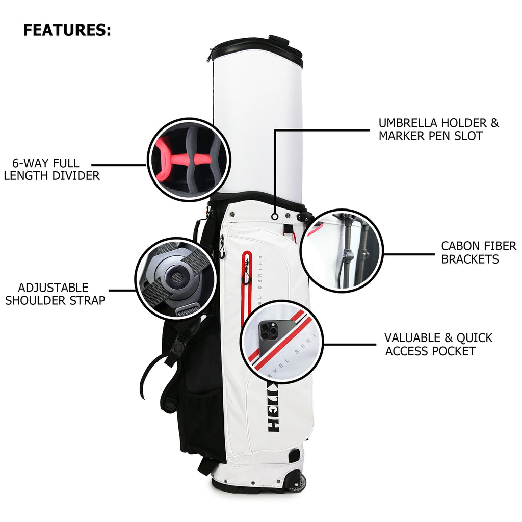 HELIX Golf Stand Bag with Retractable Top Cover and Wheels Easy for Travel and Daily Use. 6 Way Divider.