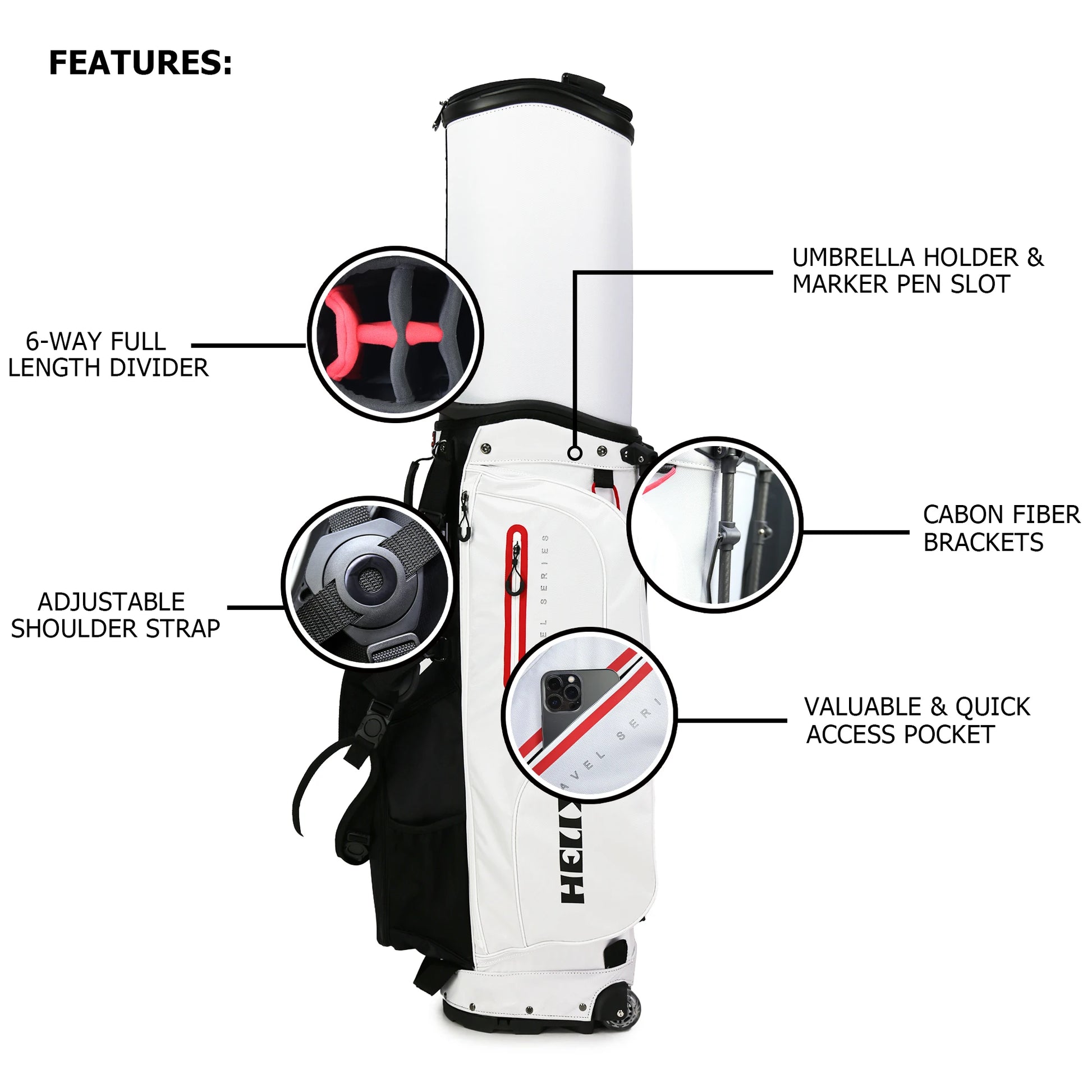 HELIX Golf Stand Bag with Retractable Top Cover and Wheels Easy for Travel and Daily Use. 6 Way Divider.