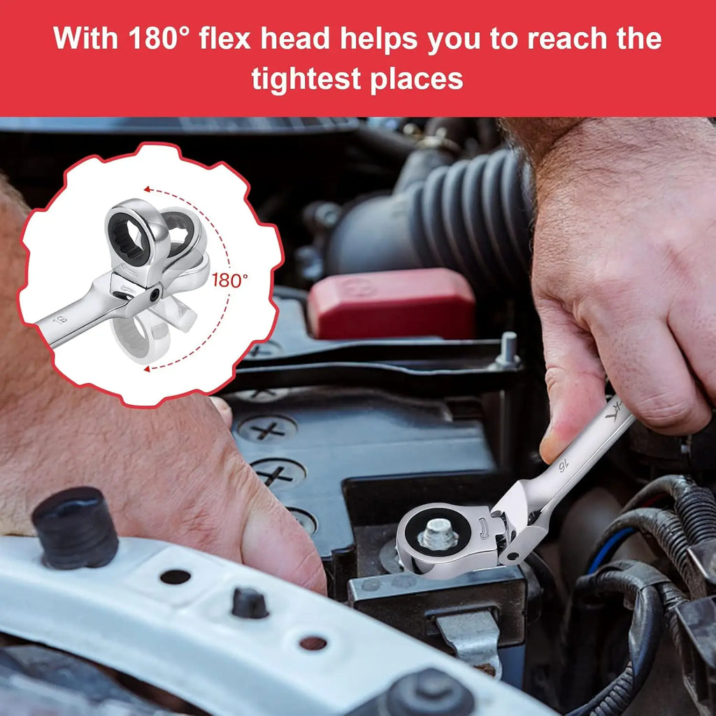 12-Piece Flex-Head Wrench Set, Ratcheting Combination Set, Metric 8-19mm, 72-Teeth,Cr-V Steel with Bag.