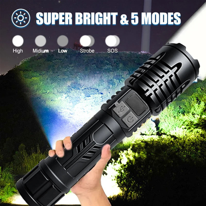 High Lumen, Waterproof Flashlight.  5 Modes, Rechargeable, Durable ABS.