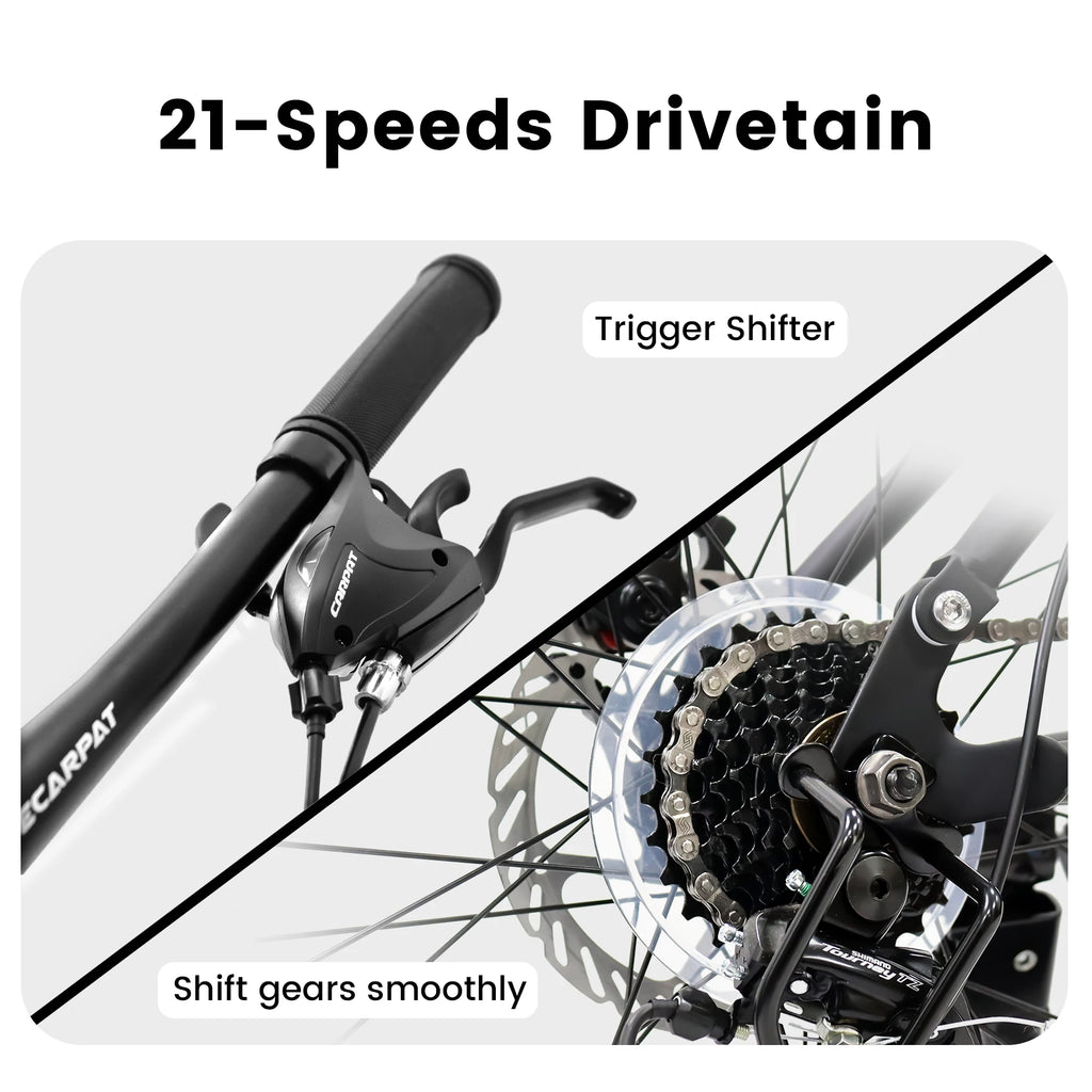 Ecarpat Dual Full Suspension Mountain Bike. 24/26/27.5 Inch, 21-Speed, Disc Brakes.