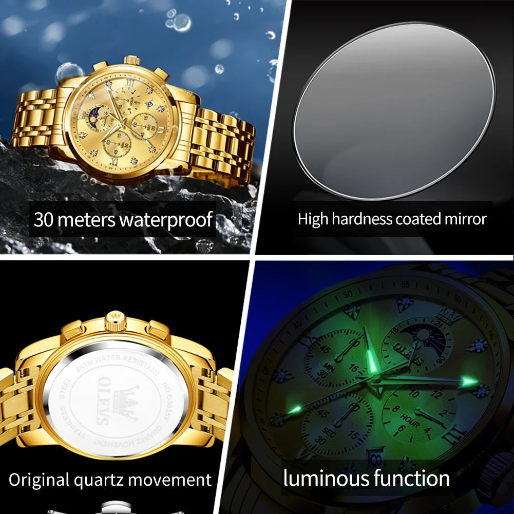 OLEVS Luxury Men's Watches. Moon Phase, Chronograph, Quartz, Gold Stainless Steel, Luminous.