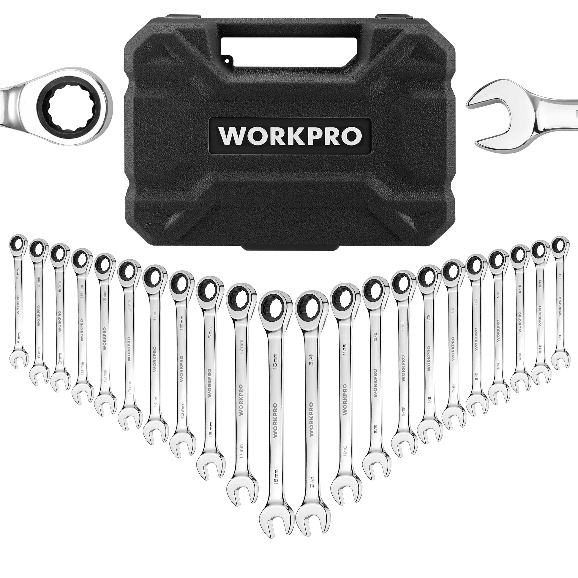 WORKPRO 22pcs Ratcheting Wrench Set. Flex-Head Ratchet Combination Wrench Sets with Organizer Box 72 Teeth.