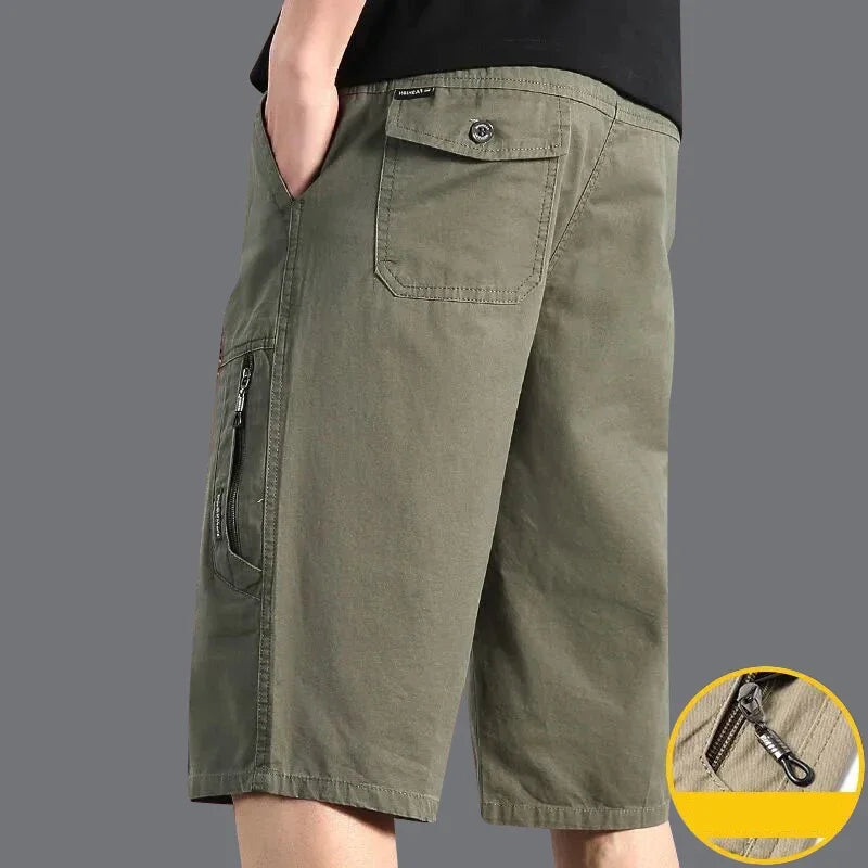 Classic Cargo Shorts, Zipper Pocket, Casual Knee Shorts. Cotton.