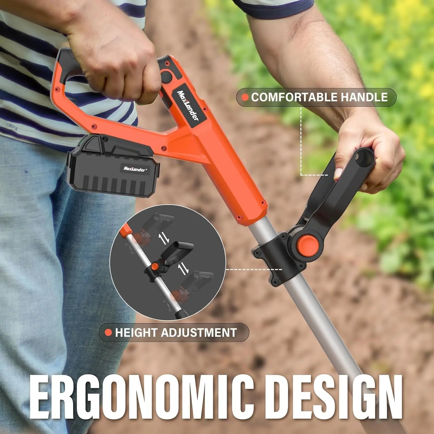 20V Cordless Tiller, 9-Inch with 48 Steel Tines, 360RPM Battery Powered.