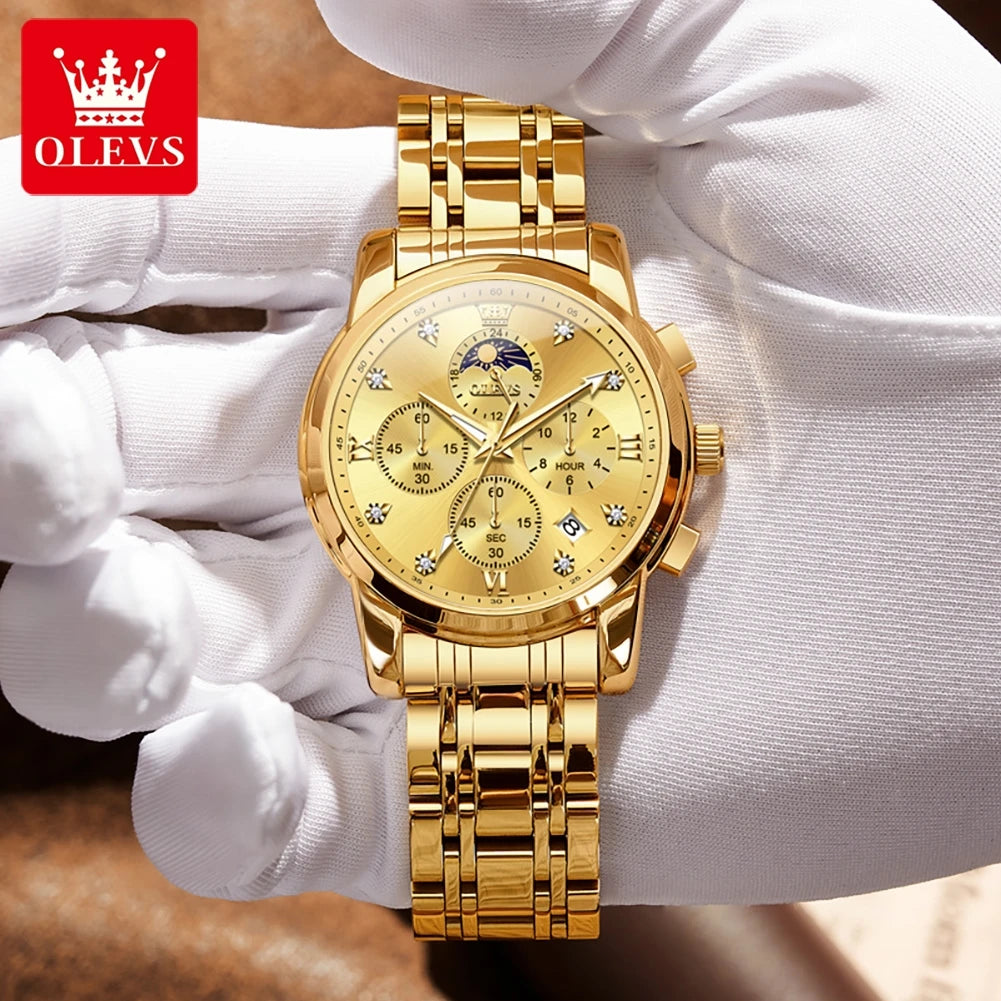 OLEVS Luxury Men's Watches. Moon Phase, Chronograph, Quartz, Gold Stainless Steel, Luminous.