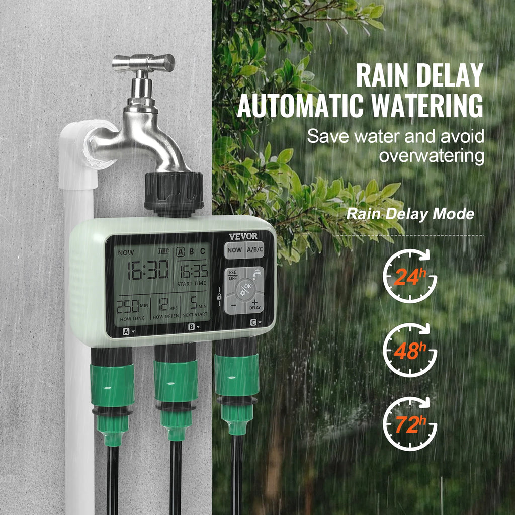 VEVOR Water Timer, 3 Hose Outlets, Independent Watering Zone, LCD Display, Rain Delay Mode, Manual Mode, Watering Sprinkler Timer.