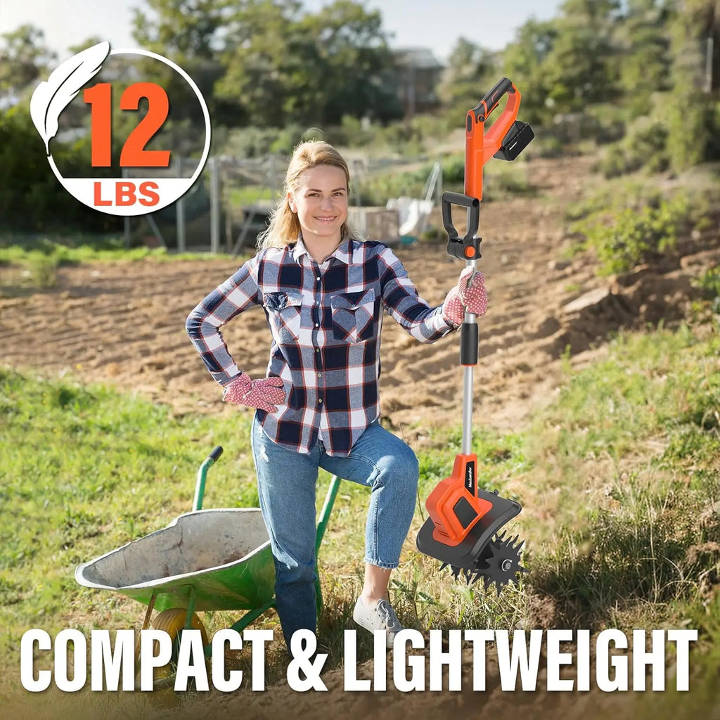 20V Cordless Tiller, 9-Inch with 48 Steel Tines, 360RPM Battery Powered.