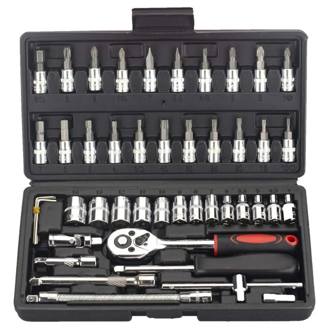 46PCS 1/4 inch Drive Socket Set,Metric, 4-14mm CR-V Sockets, Mechanic Tool Kits.