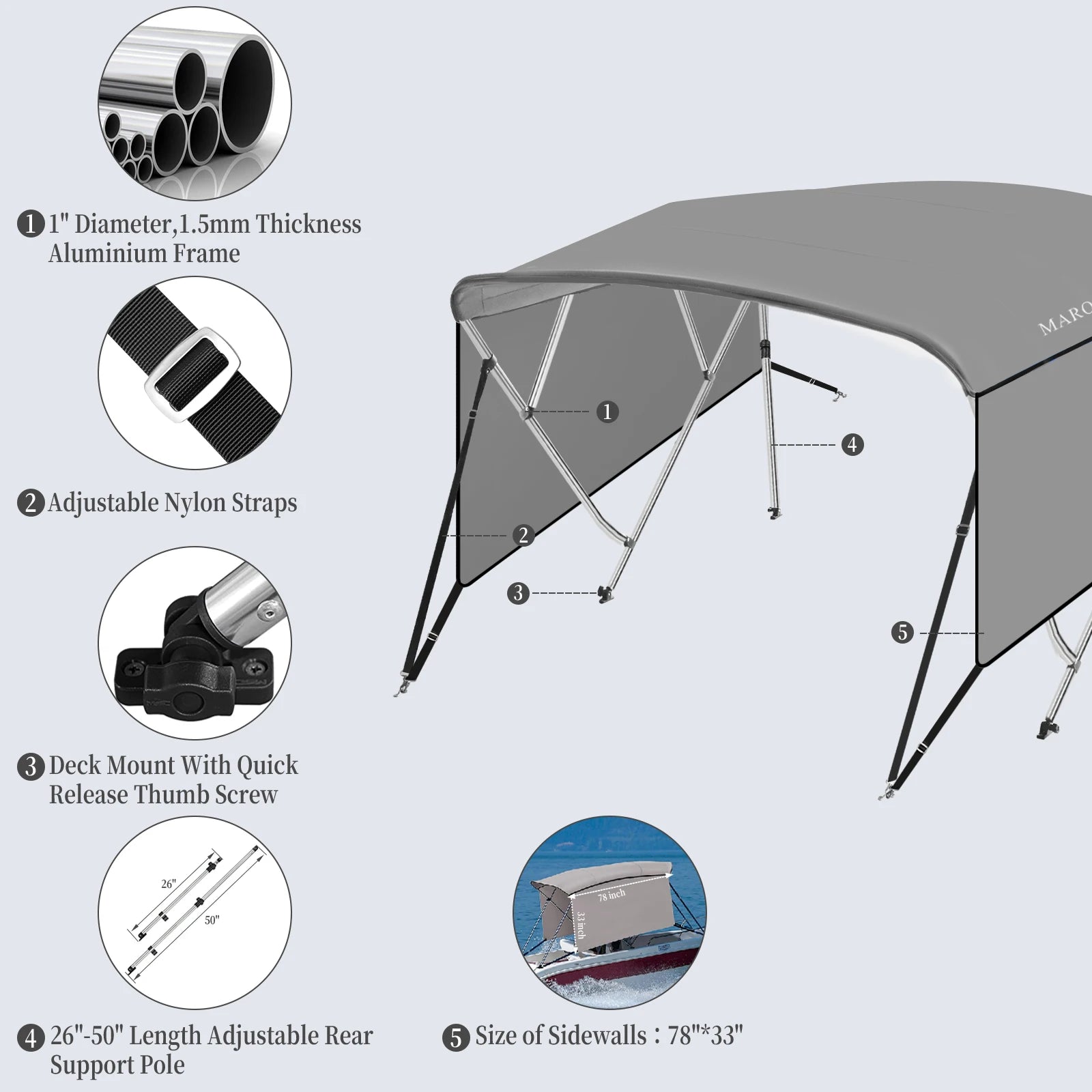 Boat Cover, Aluminum Alloy Frame, 600D Marine Grade Fabric. Adjustable Rear Support Poles.